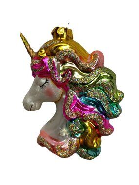Rainbow Glass Unicorn Christmas Ornament With Glitter Accents Mythical Fantasy H